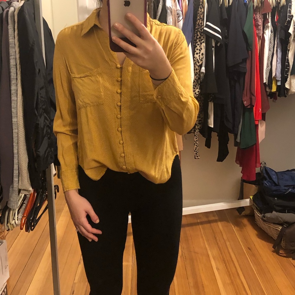 mustard polka dot button down blouse-size xs